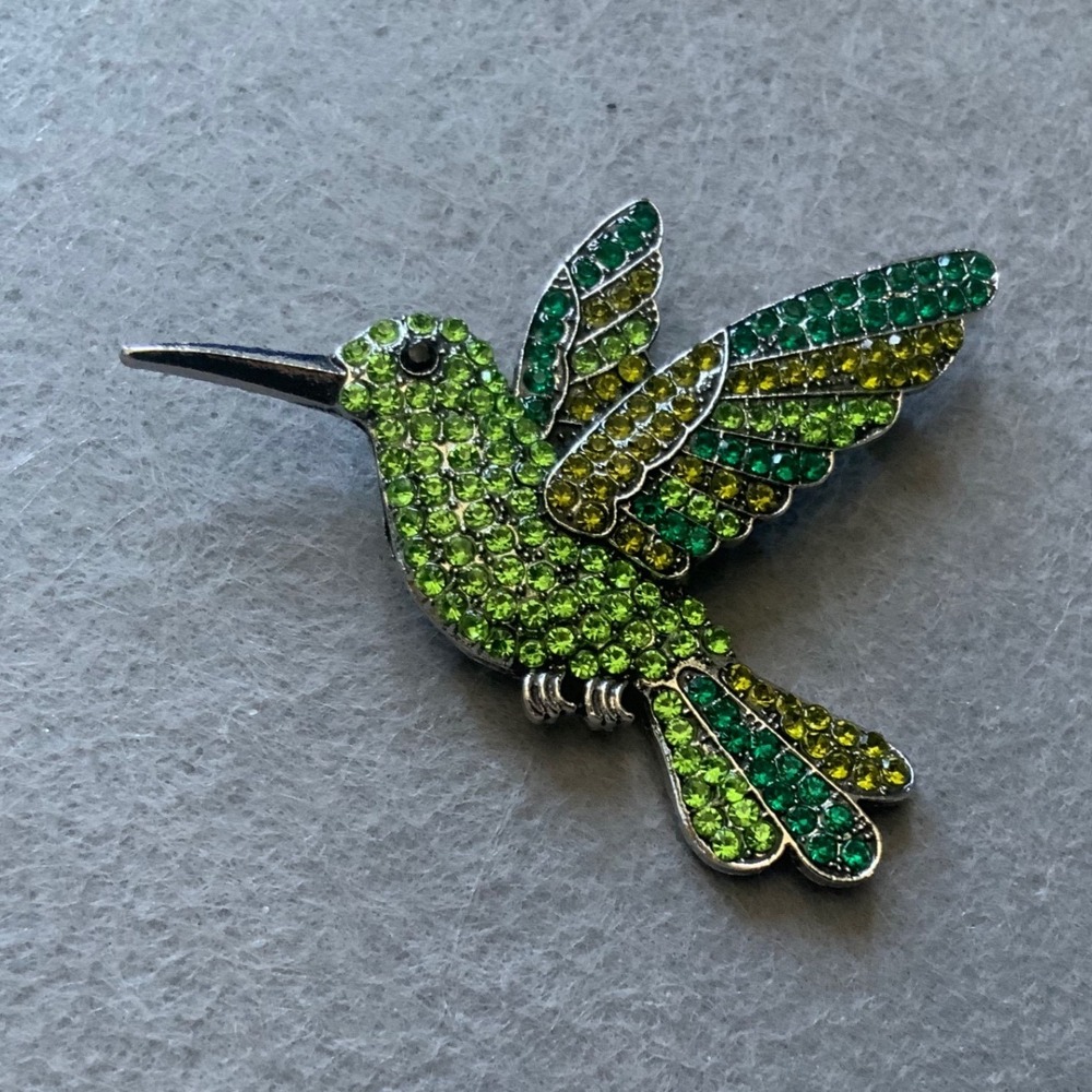 Green Rhinestone Hummingbird Brooch Silver Tone Bird Pin Nature Jewelry